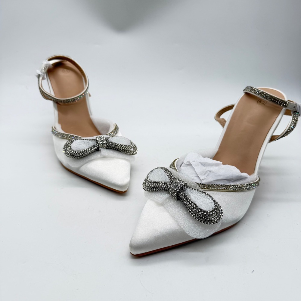 ZAPATOCK White Satin Rhinestone Bow Pointed Toe Stiletto Pumps Wedding Heels 6.5
